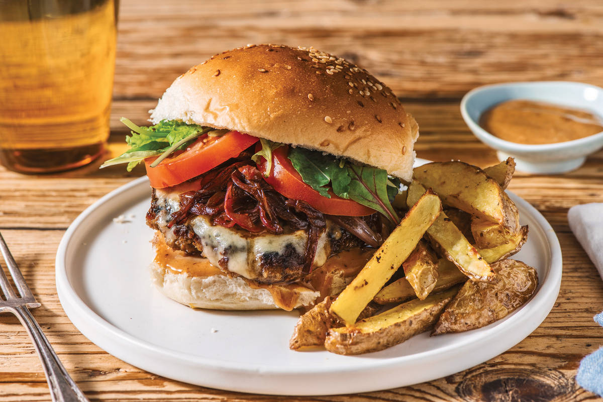 Smokey Beef Cheeseburger with Aioli, Caramelised Onion & Fries