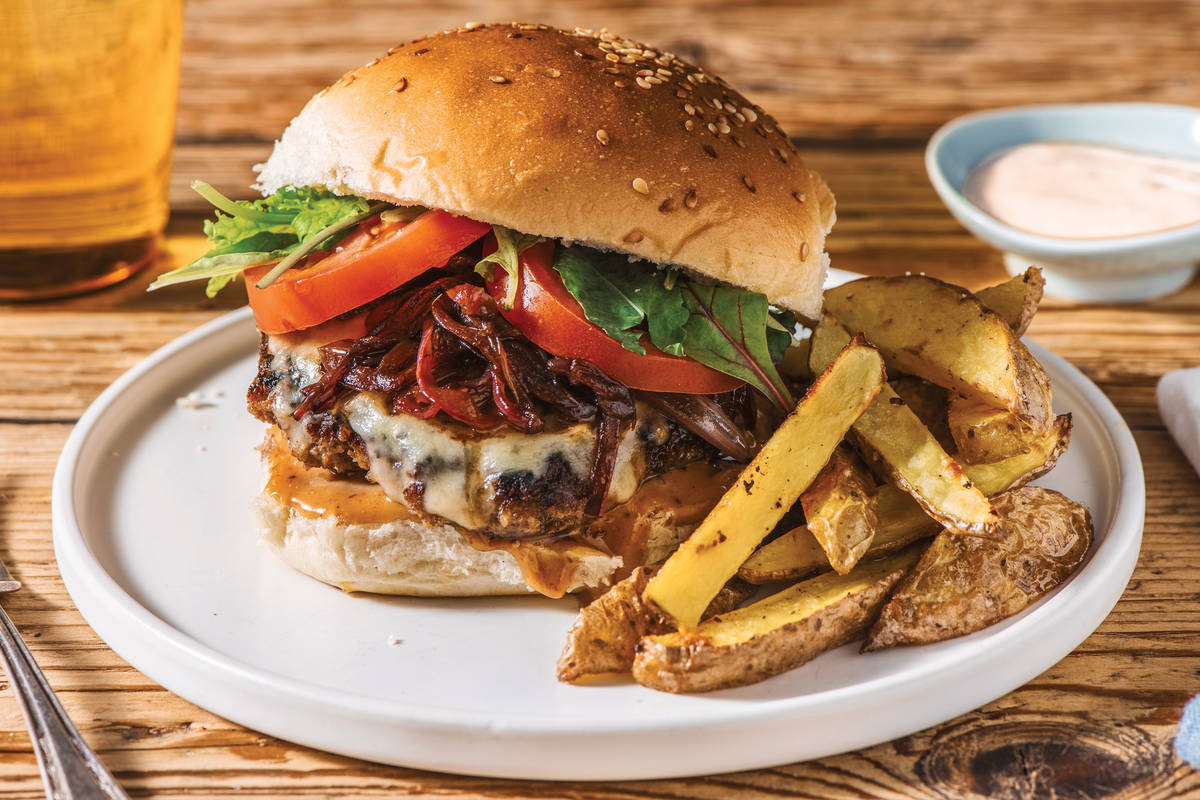 Smokey Beef Cheeseburger & Fries with Truffle Mayo & Caramelised Onion