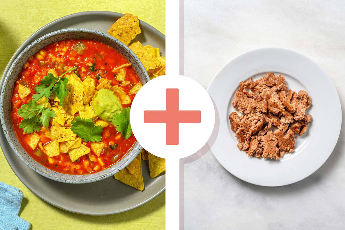 Soupe tex-mex de Beyond Meat®, de tortilla et de lentilles