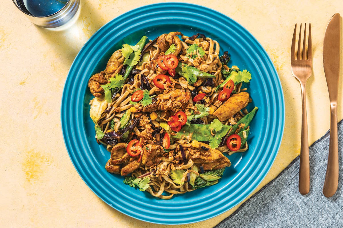 Southeast Asian Chicken Noodles with Peanuts & Crispy Shallots