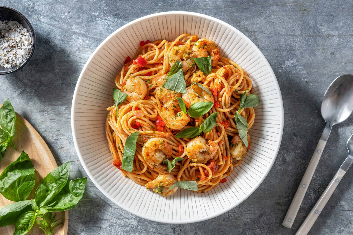 Spaghetti nach Art Bruschetta mit Garnelen