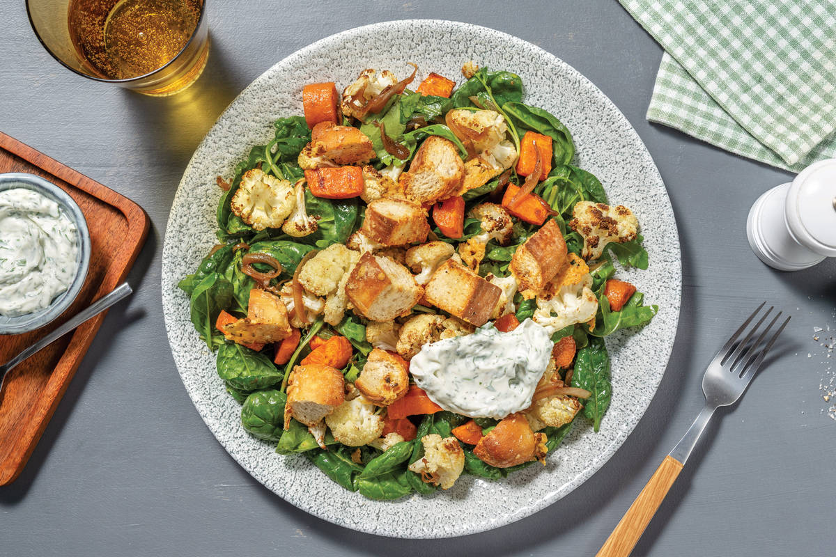 Spiced Cauliflower Salad & Cheesy Croutons
