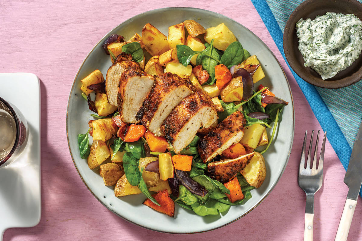 Spiced Chicken & Bacon Roast Veggie Toss