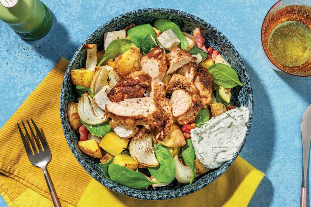 Spiced Chicken & Bacon Roast Veggie Toss