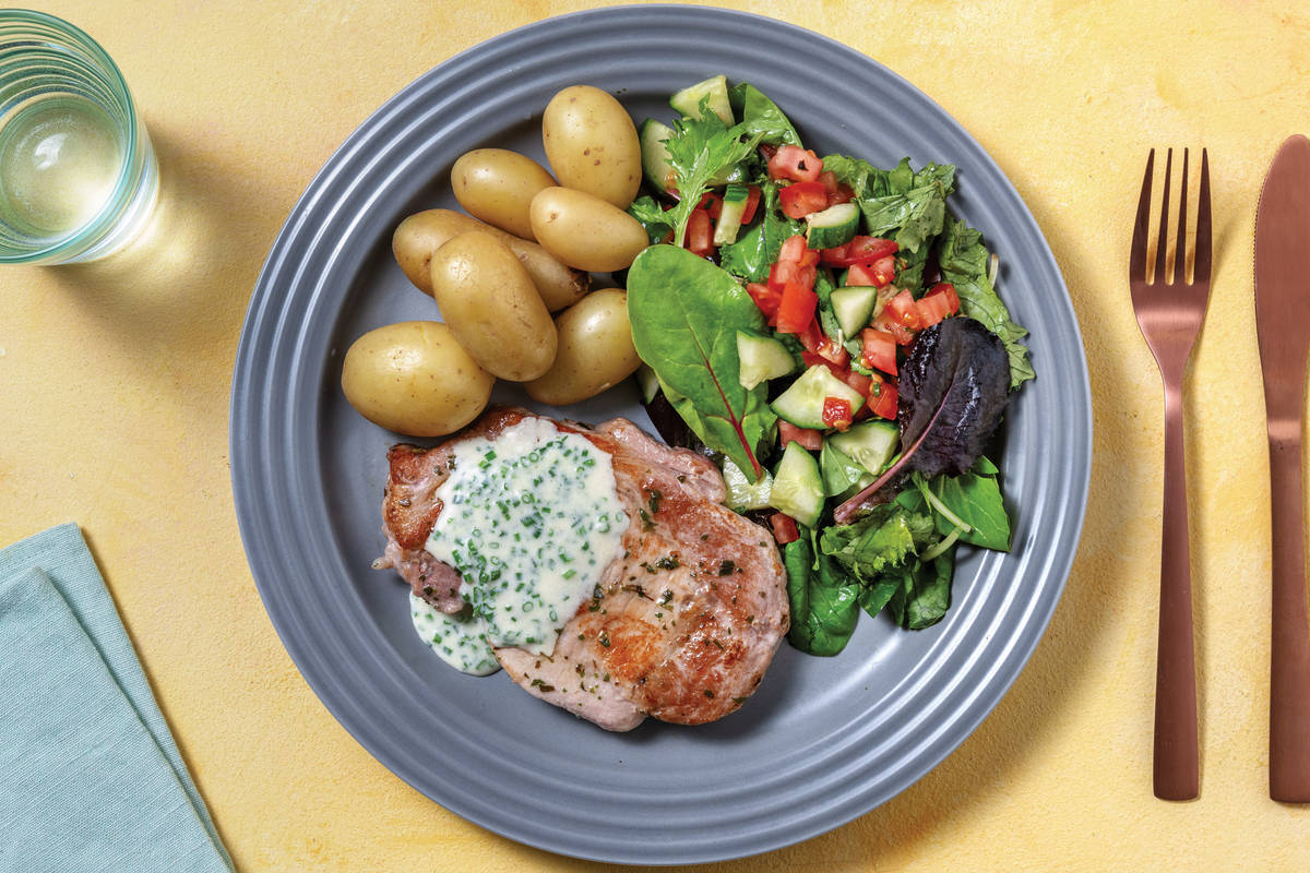 Spiced Pork & Cheesy Herb Sauce with Potatoes