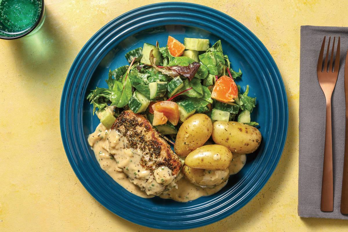 Spiced Pork & Cheesy Chive Sauce with Potatoes & Salad