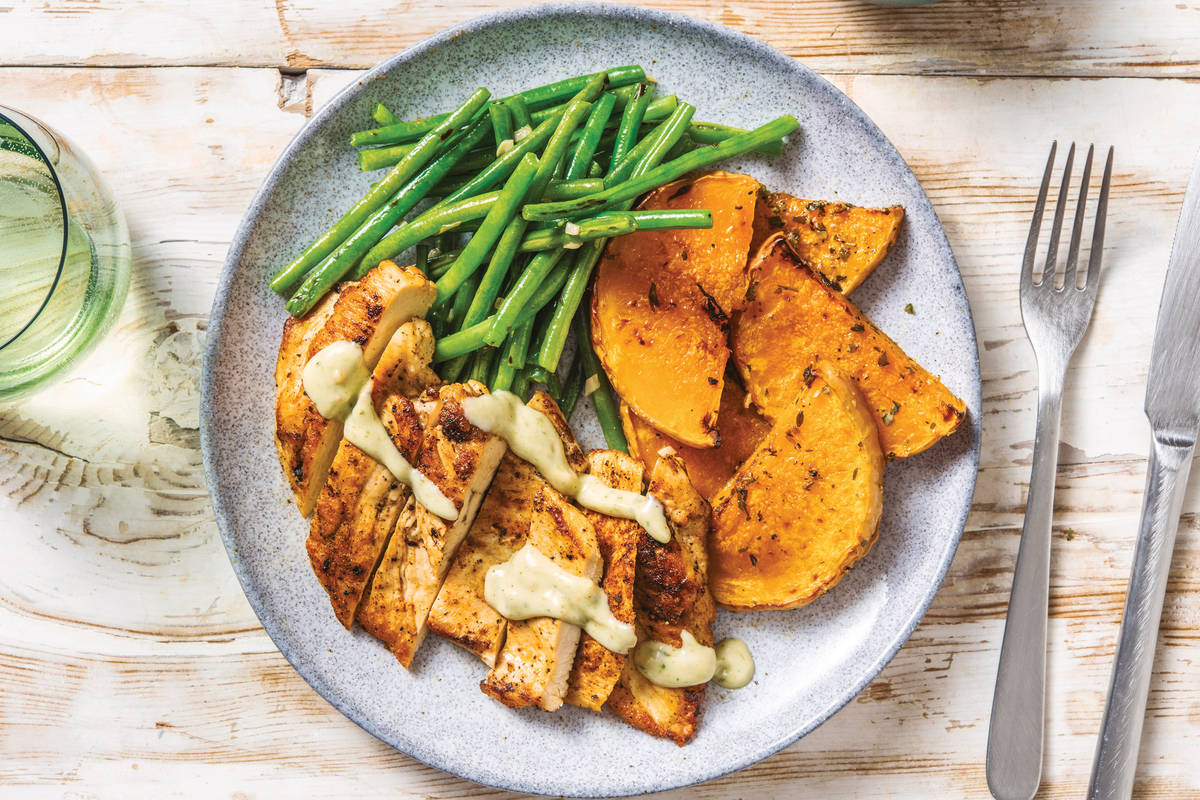 Spiced Chicken & Garlic-Herb Pumpkin Wedges