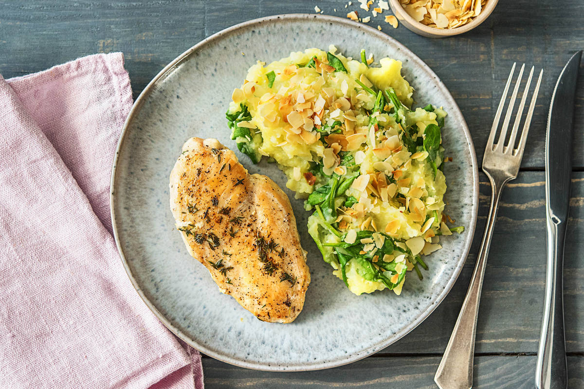 Poulet au thym et purée aux épinards et au chou-rave
