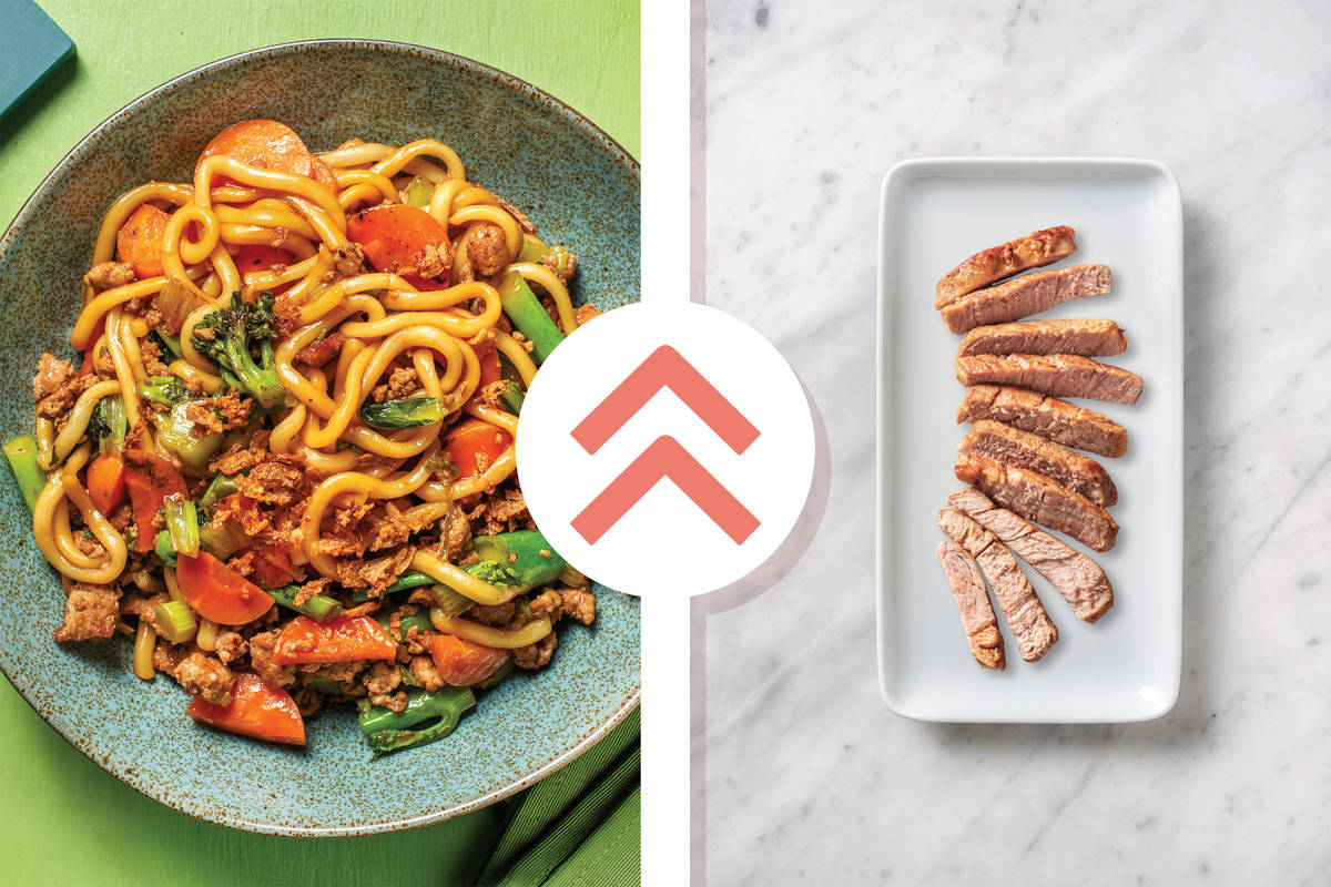 Sticky Chinese-Style Pork Steak & Noodles with Greens & Crispy Shallots