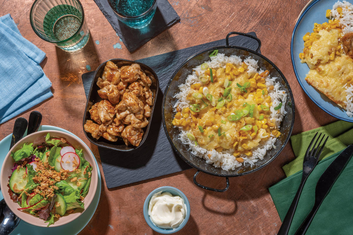 Sticky Korean Fried Chicken & Cheesy Corn