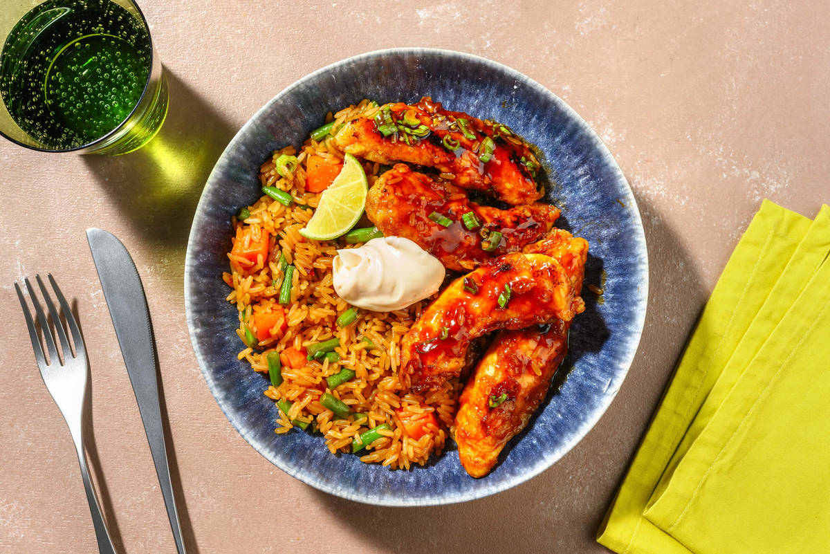 Sticky Chili Chicken auf Fried Rice