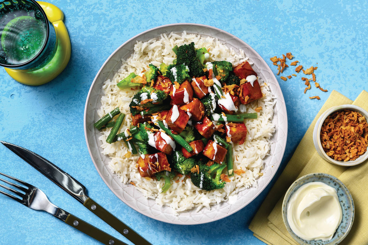 Sticky Tofu & Broccoli-Green Bean Stir-Fry