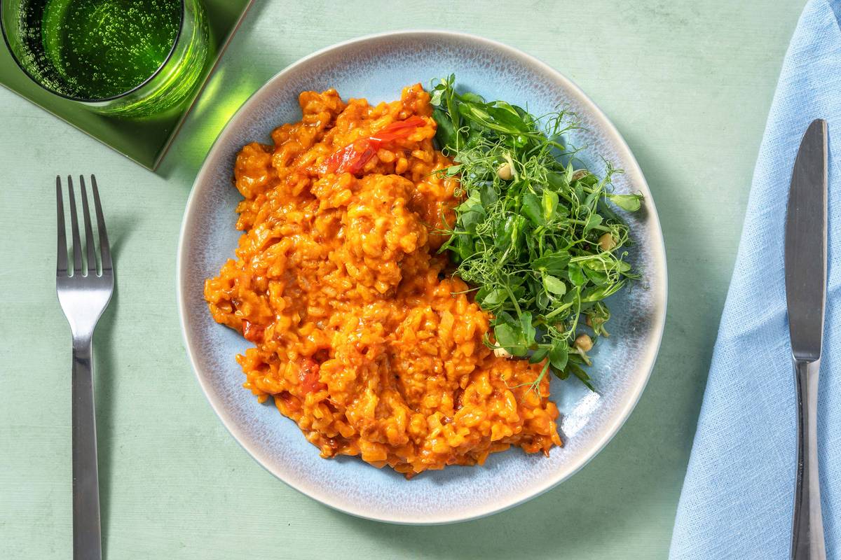 Super Cheesy Ovenbaked Bacon and Tomato Risotto