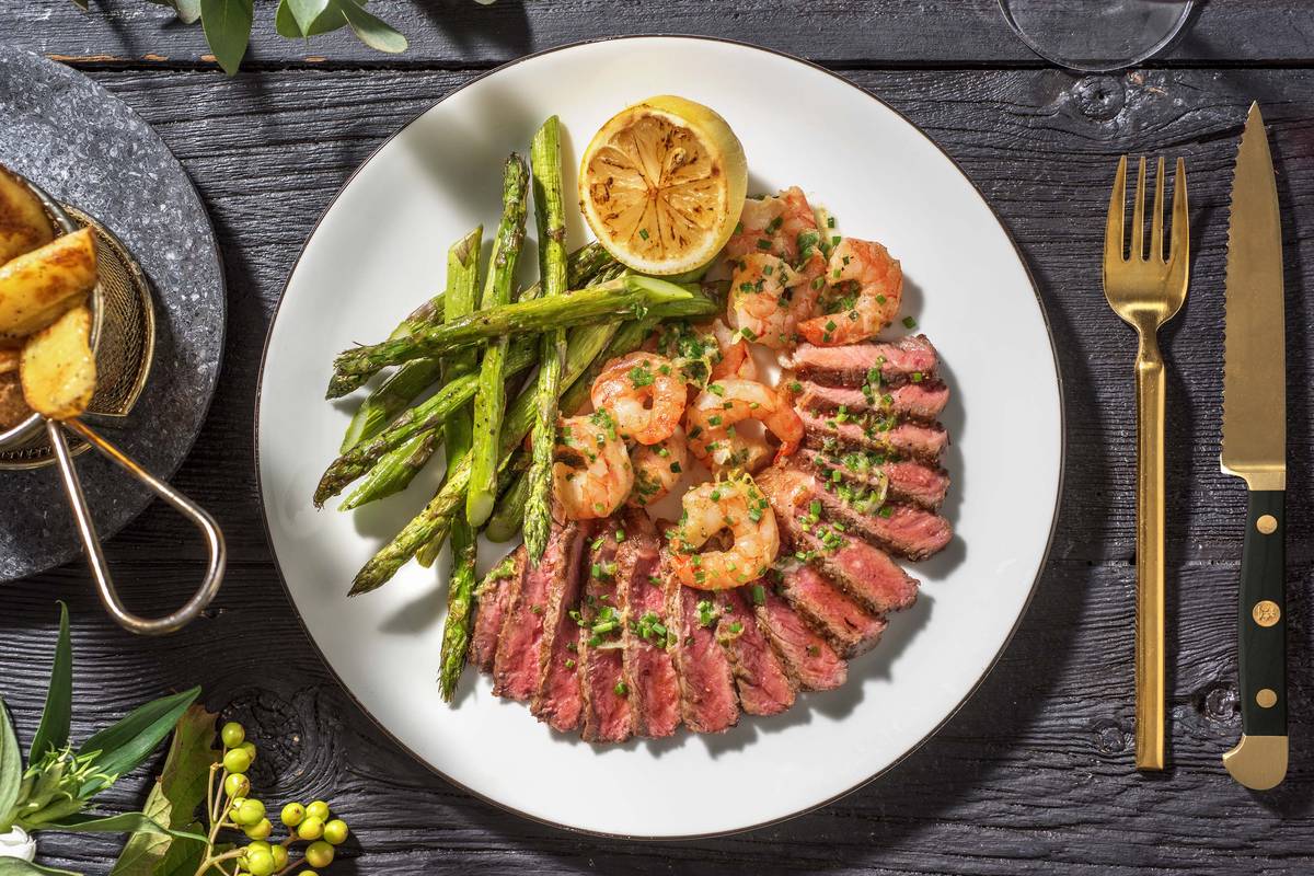 Surf and Turf: Sirloin Steak & King Prawns