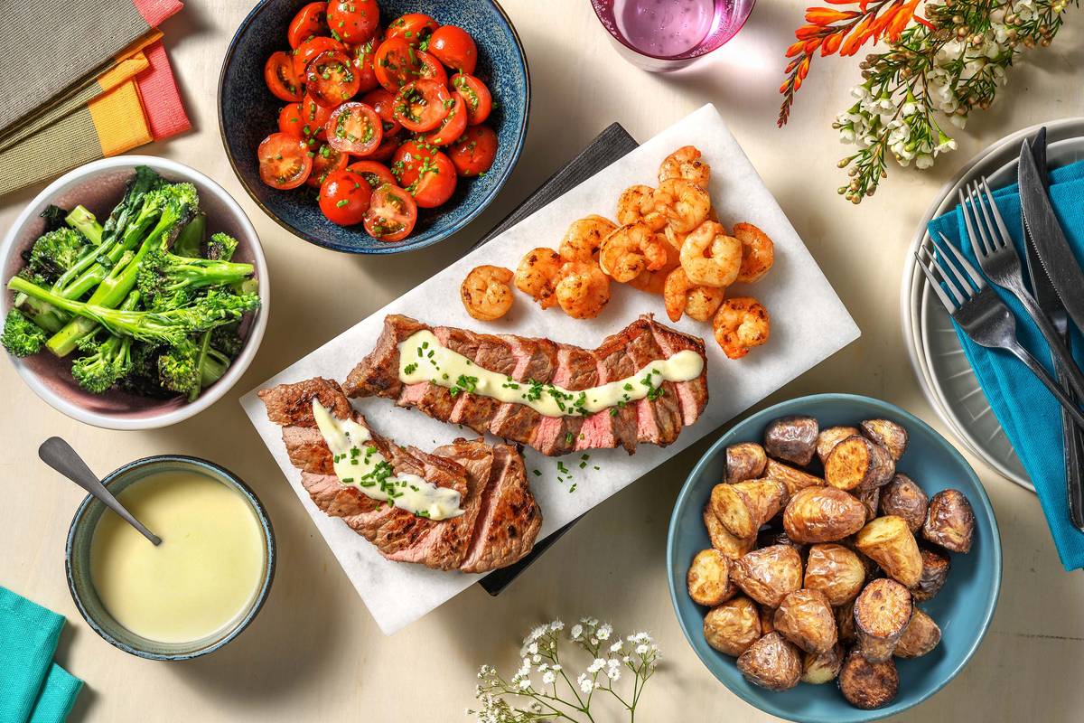 Surf & turf: garnalen en biefstuk