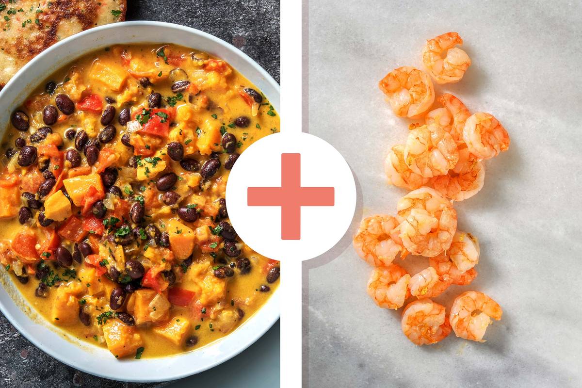 Süßkartoffel-Kokos-Eintopf mit extra Garnelen