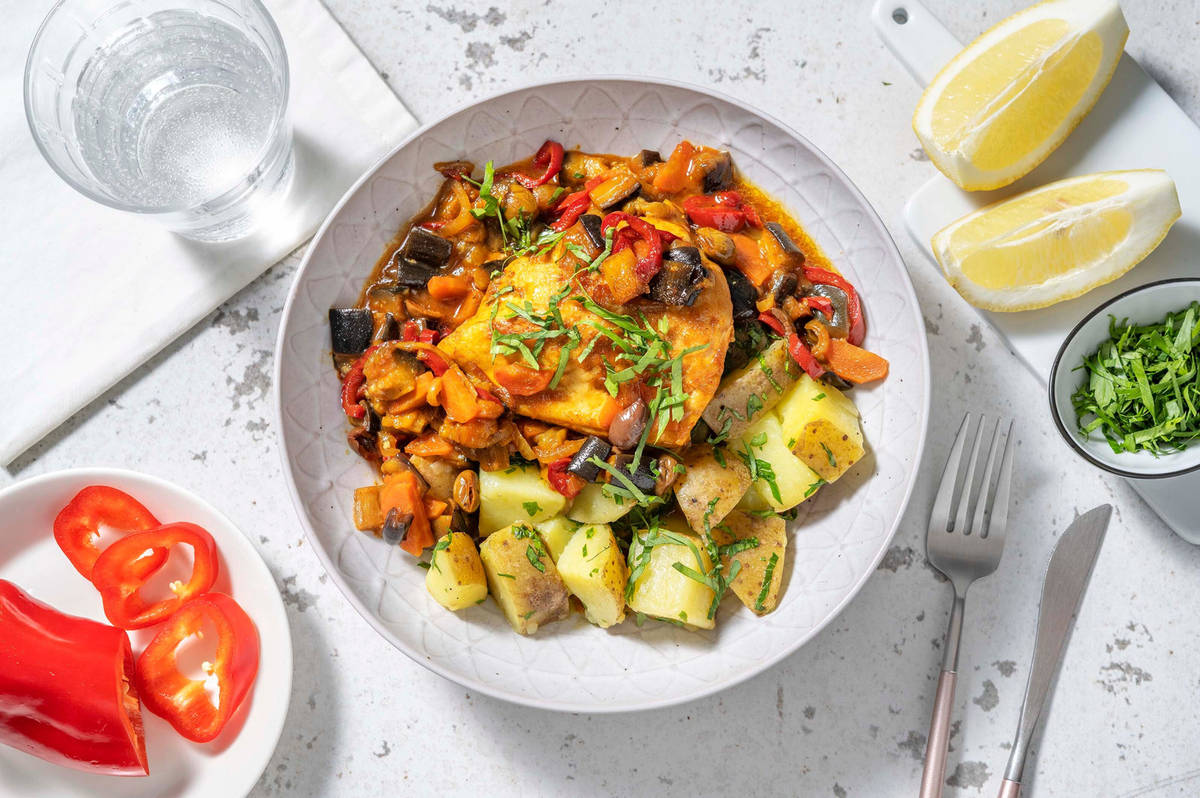 Tajine de poulet, piment et aubergine