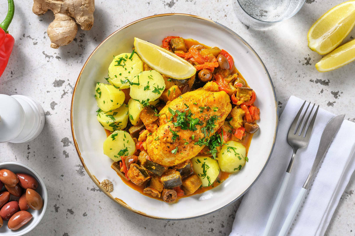Tajine van kip, paprika en aubergine