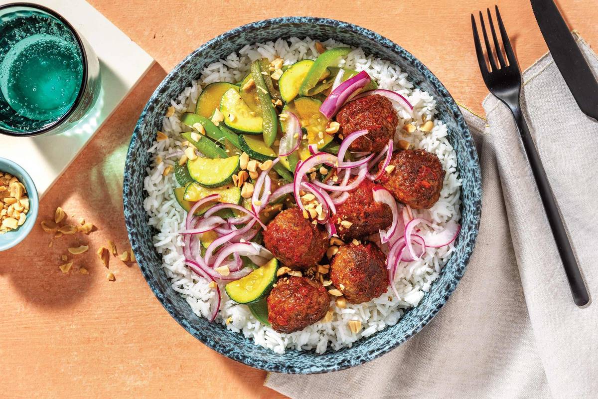 Sichuan-Glazed Beef Meatball Bun Cha Bowl