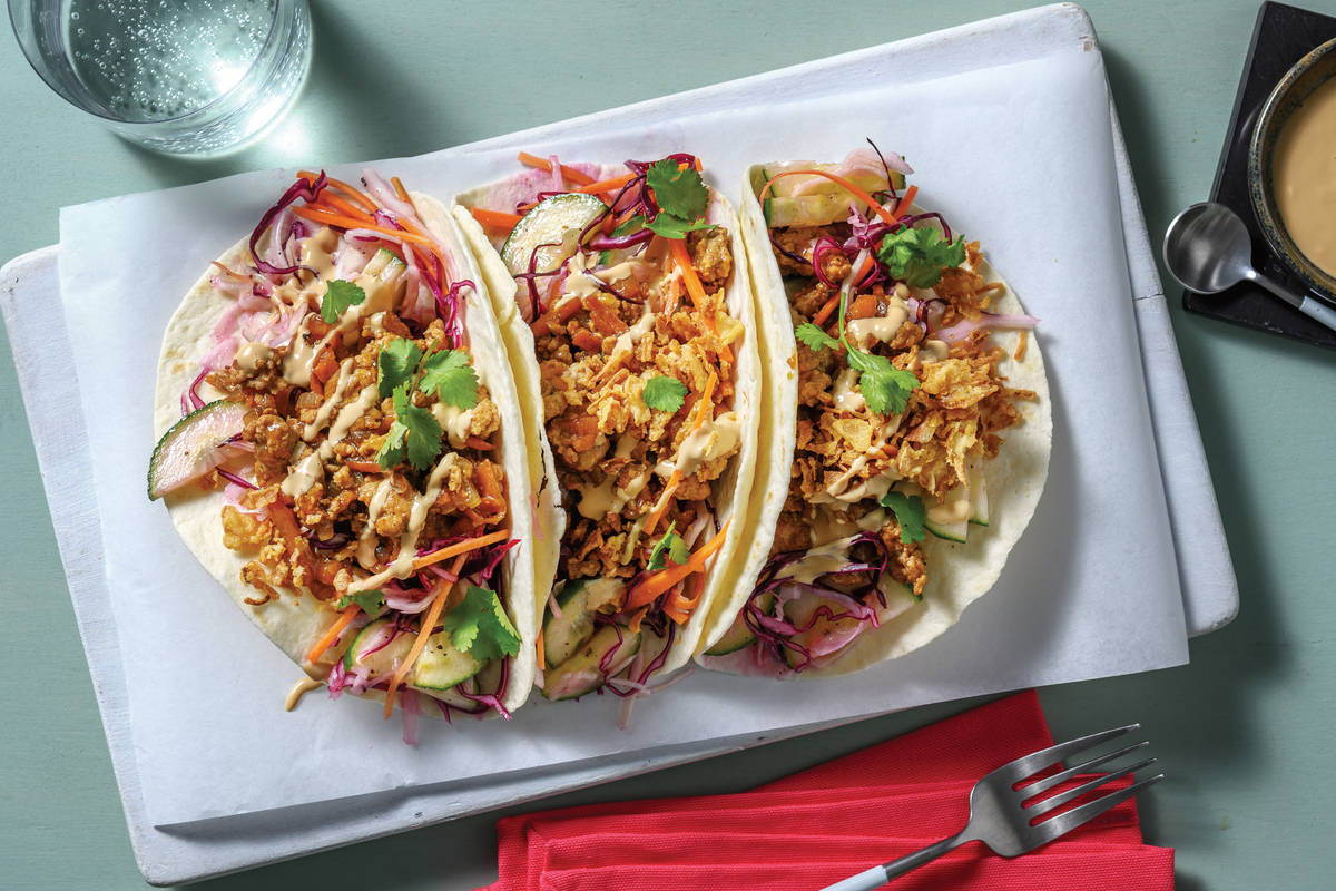 Quick Teriyaki Pork & Cucumber Slaw Tacos