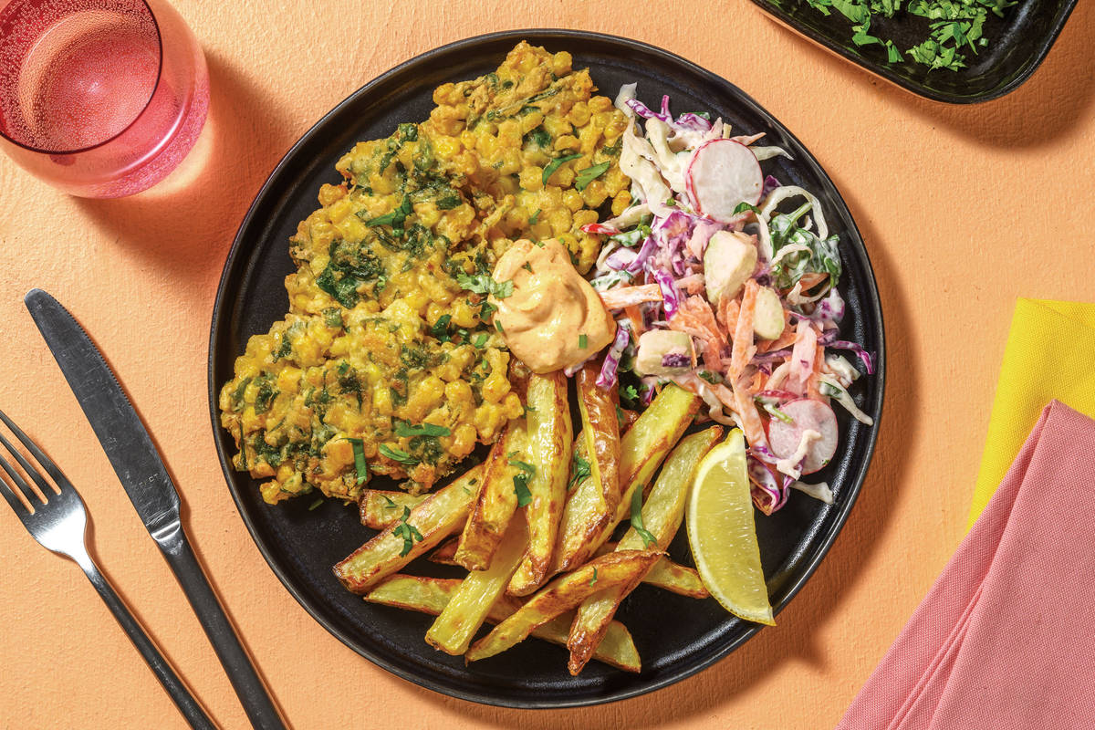 Tex-Mex Corn Fritters & Creamy Avocado Slaw