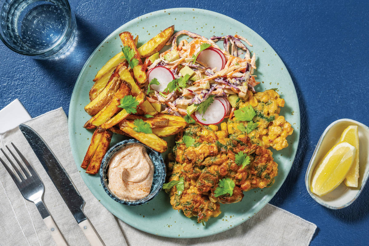 Tex-Mex Corn Fritters & Avocado Slaw