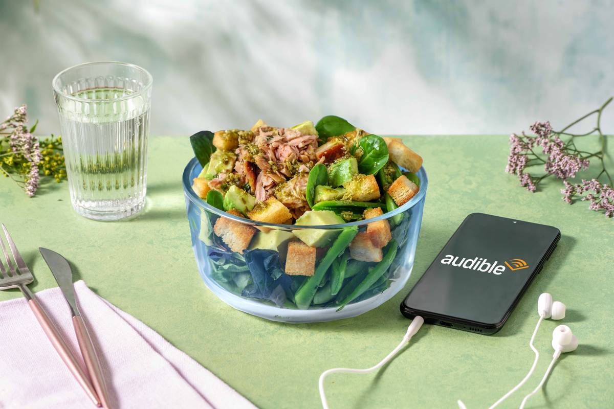 Tuna, Avocado and Baby Leaf Salad with Pesto Dressing and Croutons