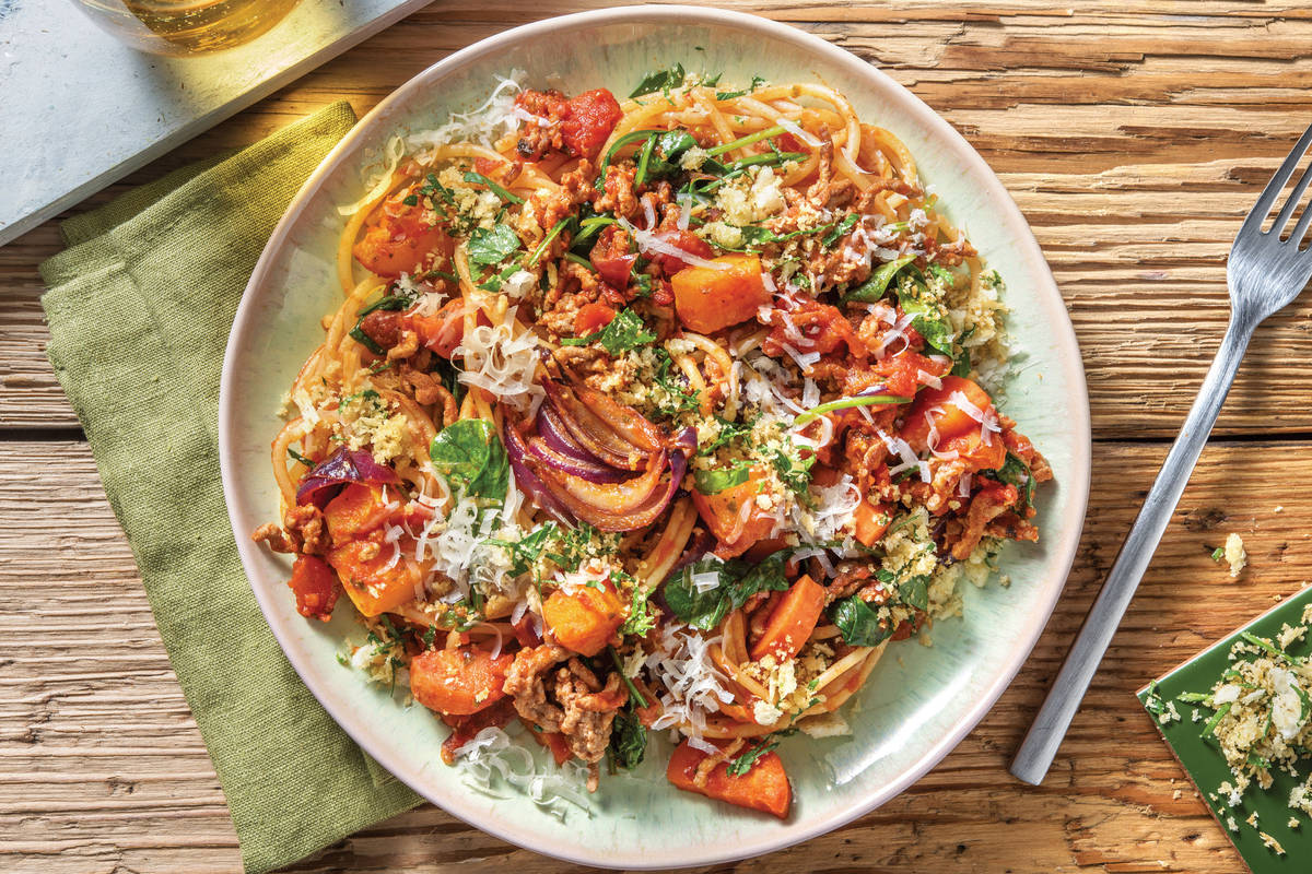 Tuscan Pork & Roast Veggie Spaghetti