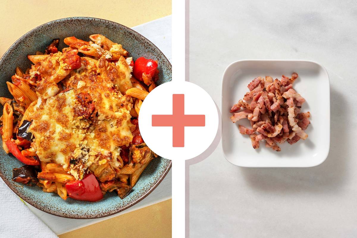 Two Cheese Ratatouille Pasta Bake with Bacon Lardons