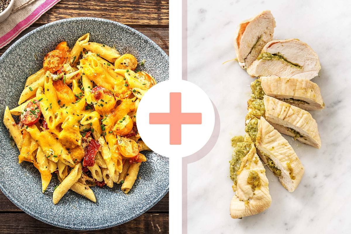 Überbackene Penne mit gefüllter Hühnerbrust