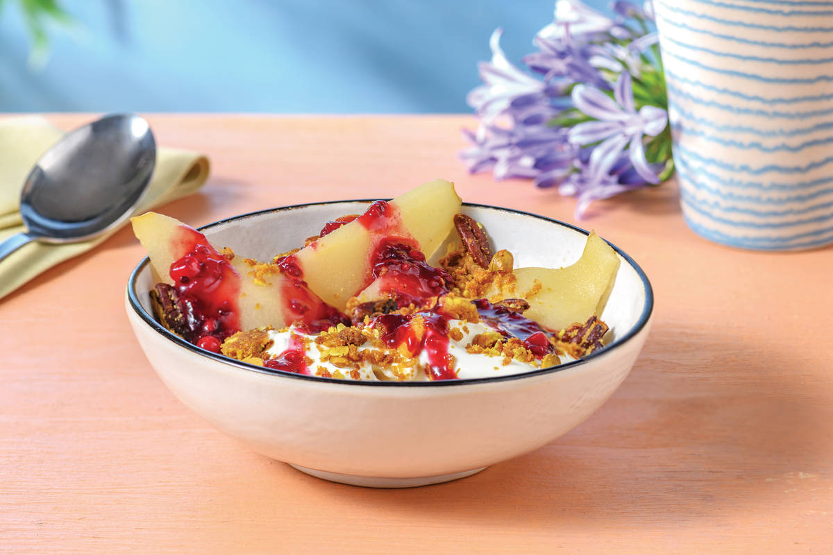 Vanilla Poached Pears & Nutty Crumble