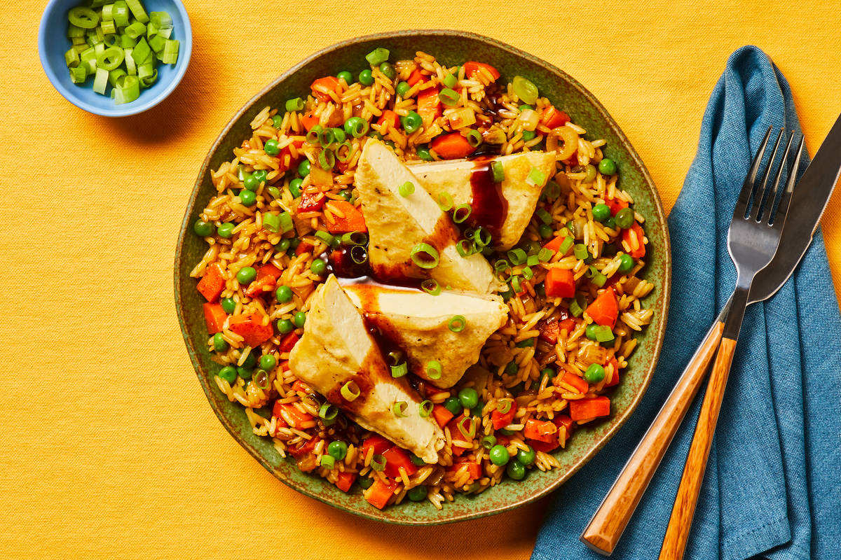 Vegan Fried Tofu with Loaded Garden Rice