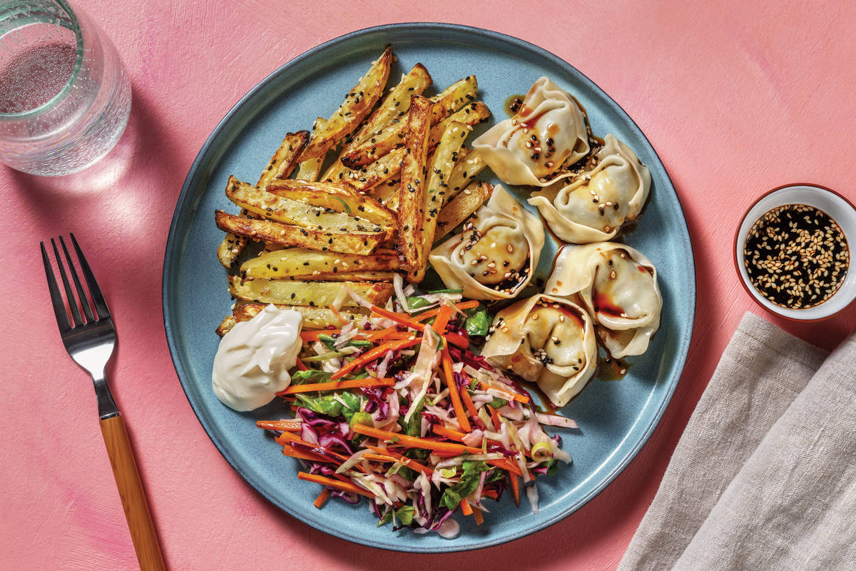 Pork, Veggie Gyozas & Sesame Potato Fries