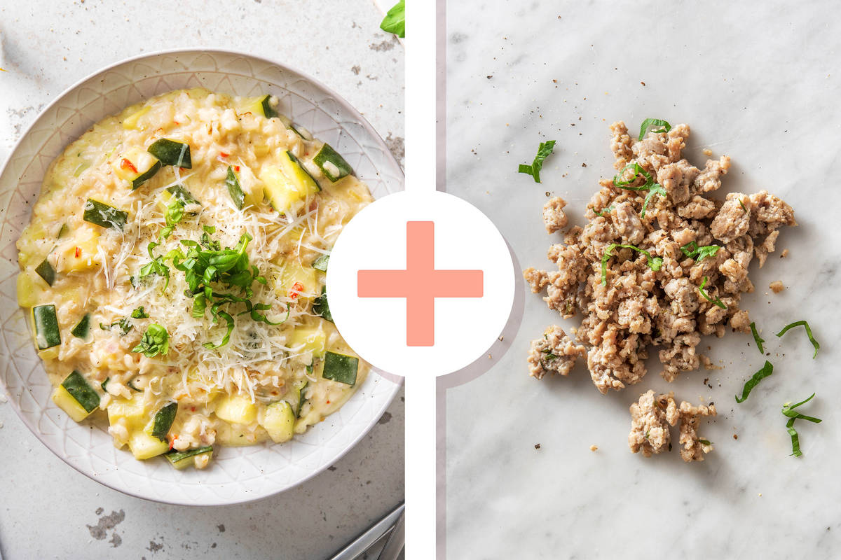 Risotto courgette, mozzarelle et saucisse de porc au thym et citron en extra