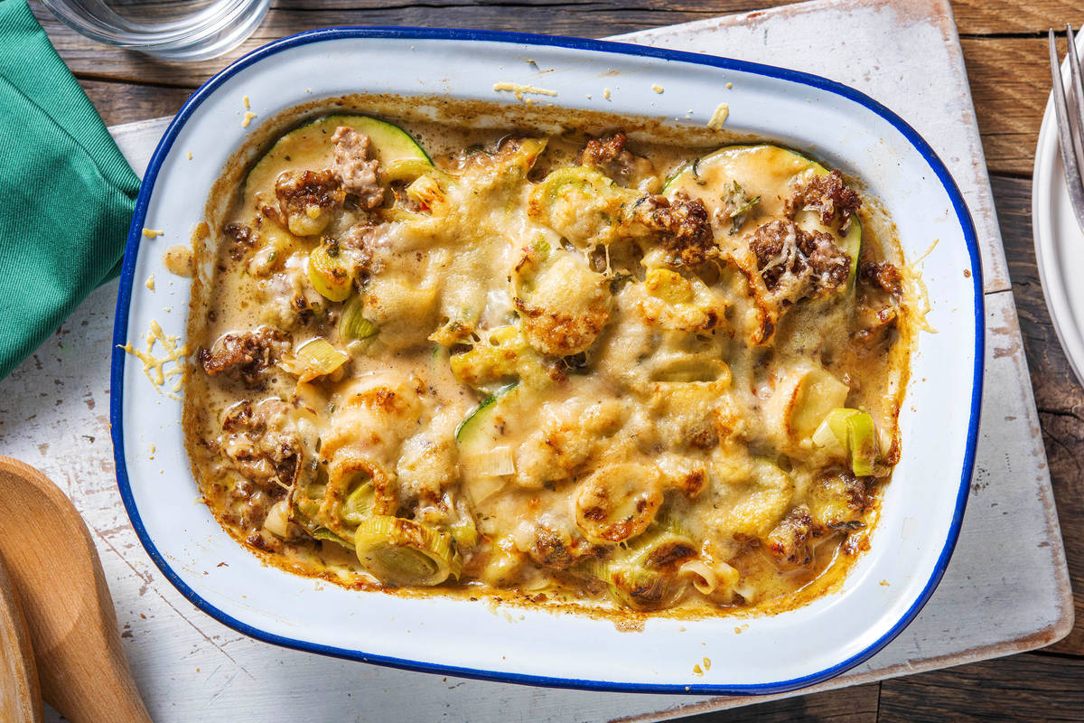 Veggie + protein - Romige lasagne met gehakt, prei en courgette