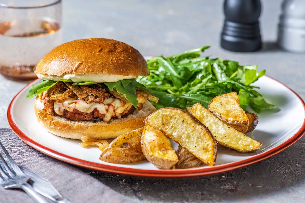Cheesy Veggie Burger and Crispy Onions