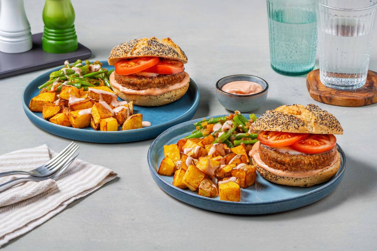 Burger de carotte & courge avec des haricots verts