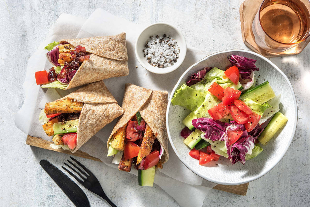 Wraps met halloumi en gekarameliseerde ui