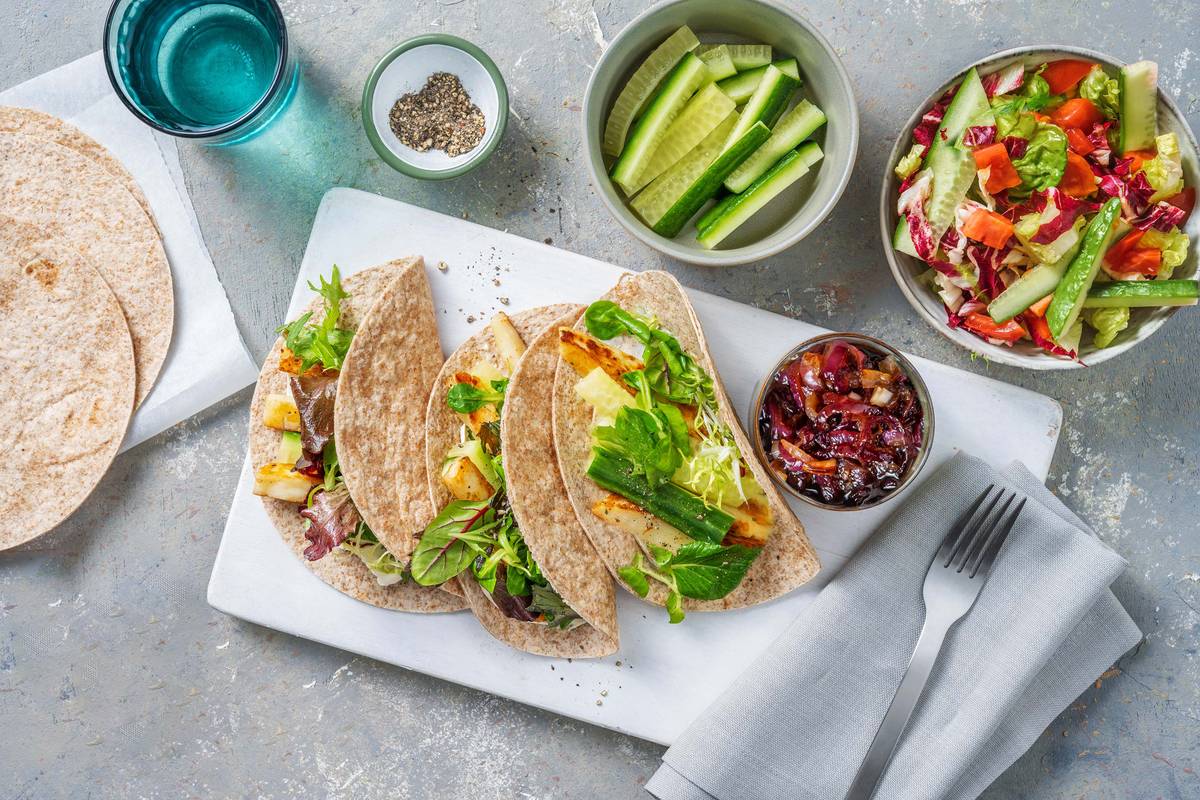 Wraps met halloumi en gekaramelliseerde ui