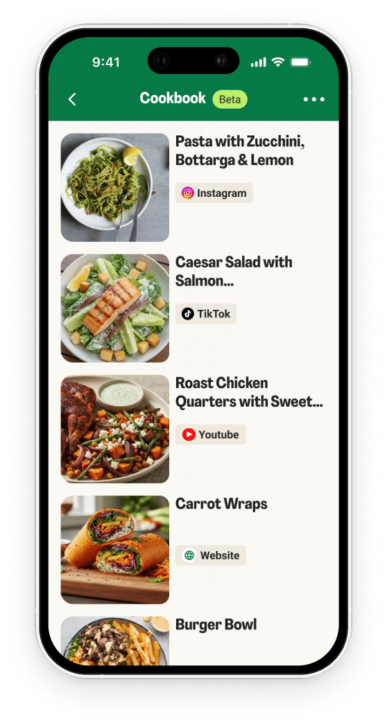 Cookbook app showing saved recipes