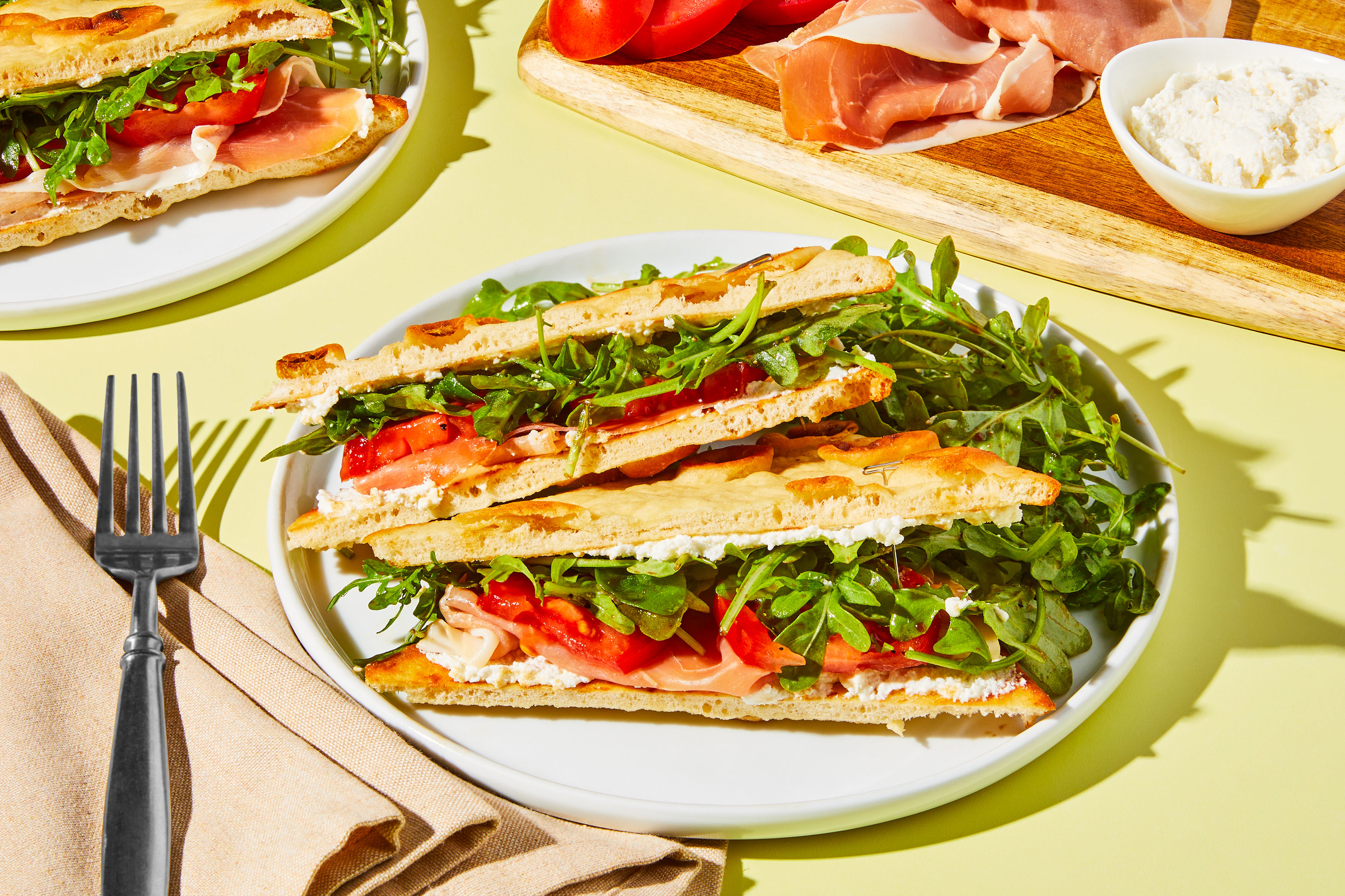Primo Prosciutto Sandwiches with Ricotta, Tomato & Balsamic Arugula Salad