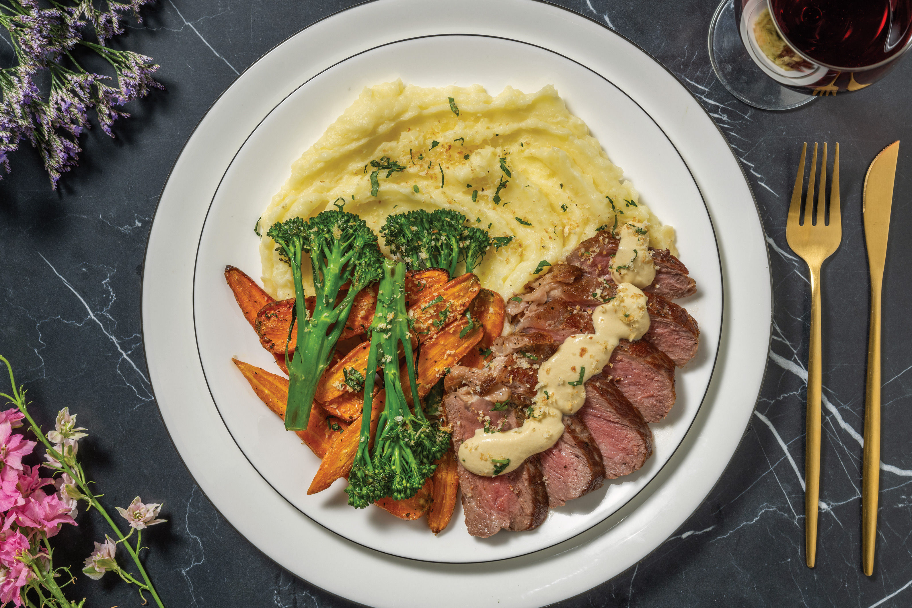Premium Beef Sirloin & Creamy Dijon Sauce with Parmesan Mash & Roasted  Veggies