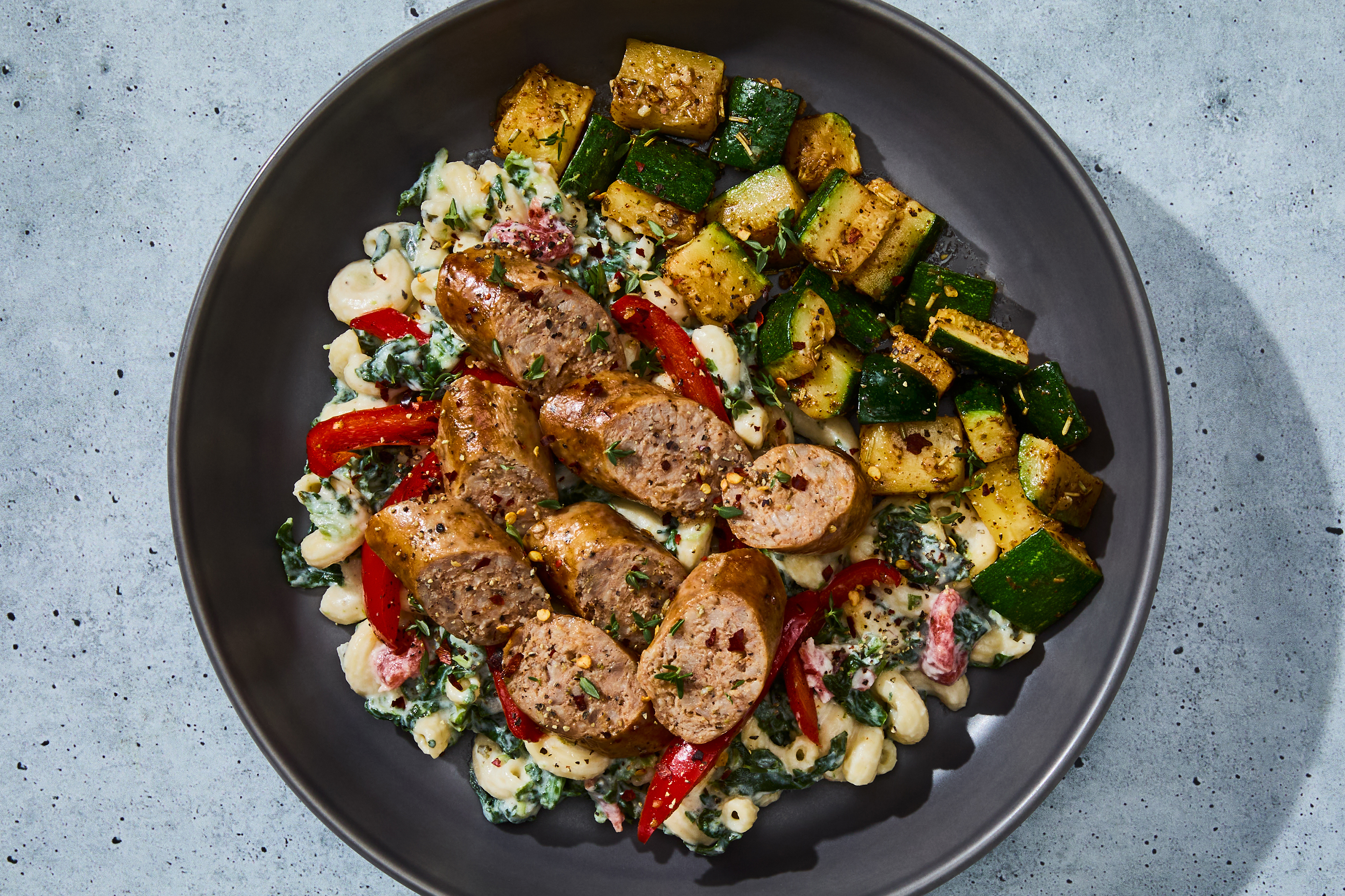 Creamed Spinach Cavatappi & Italian Sausage