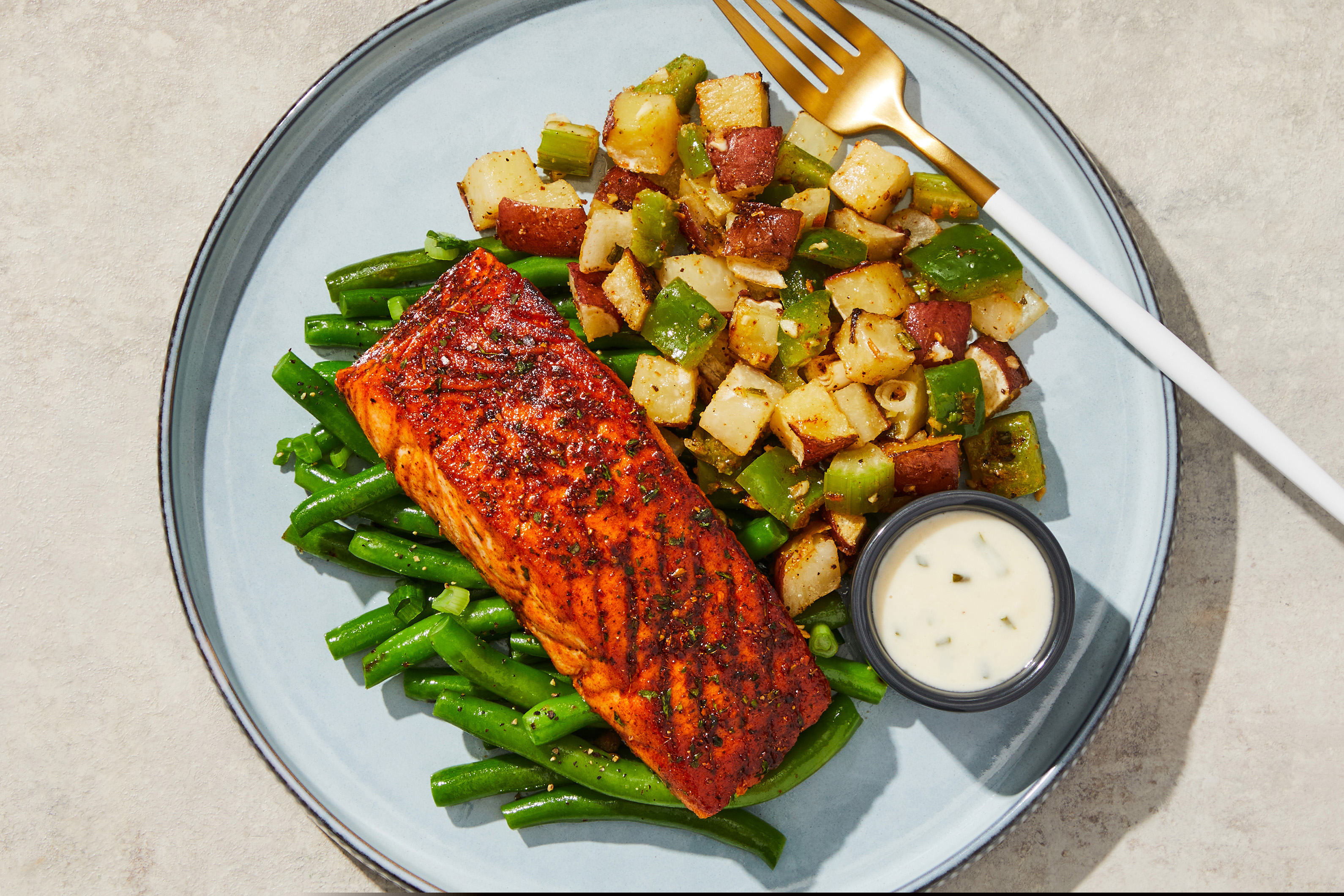 Blackened Salmon & Smoked Gouda Hash