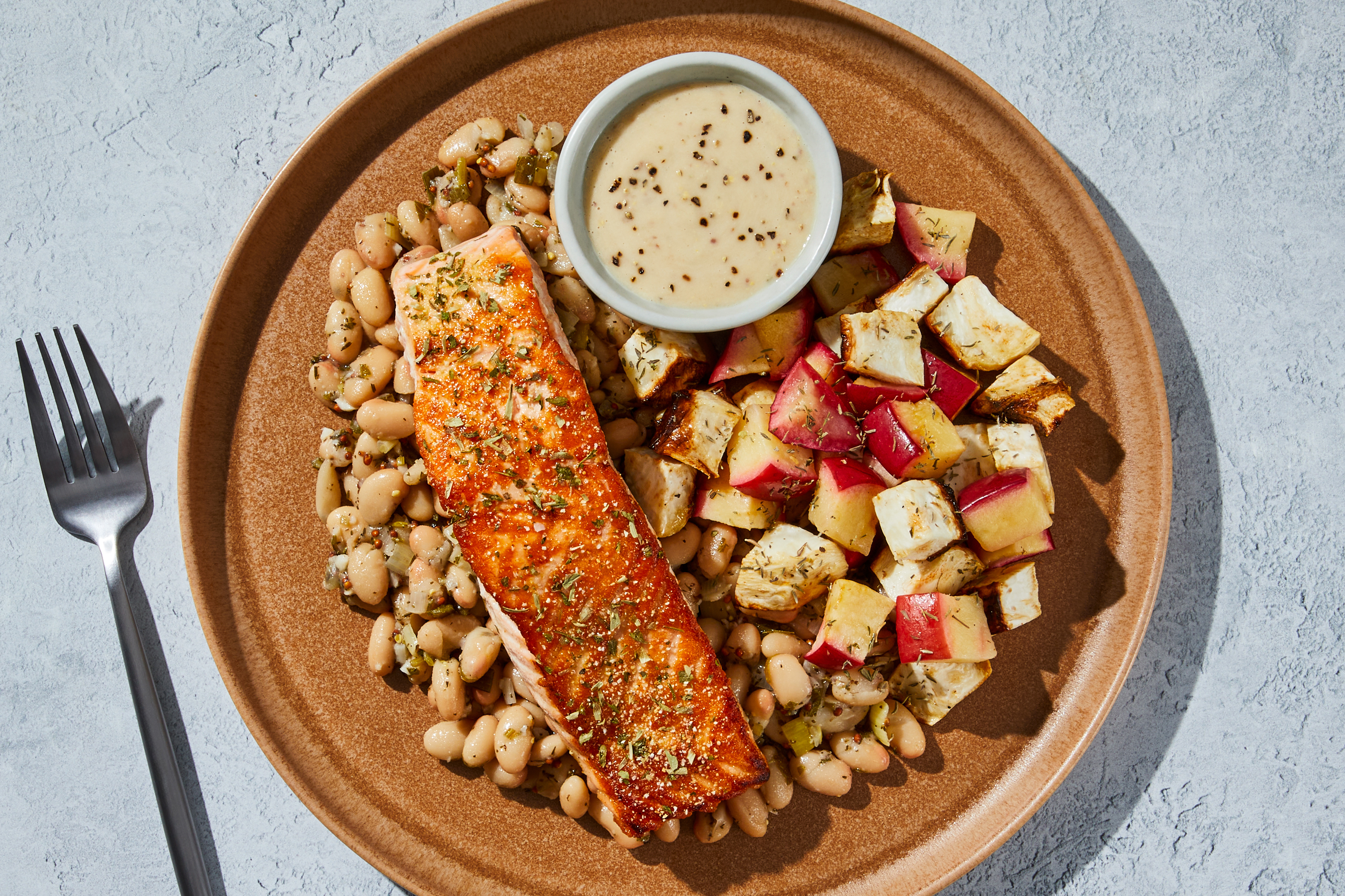 Mustard-Braised White Beans & Salmon