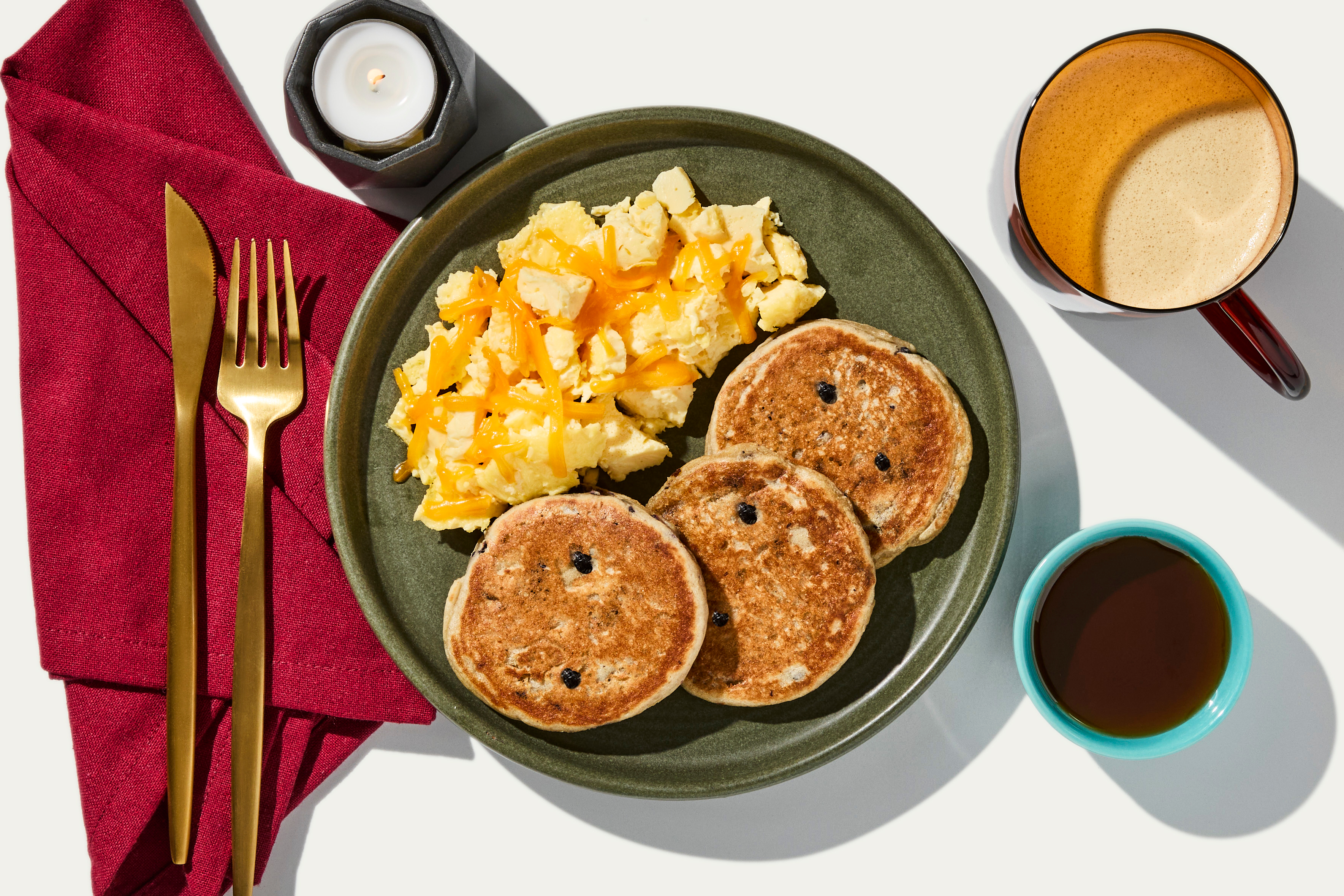 Blueberry Protein Pancakes & Cheddar Scramble