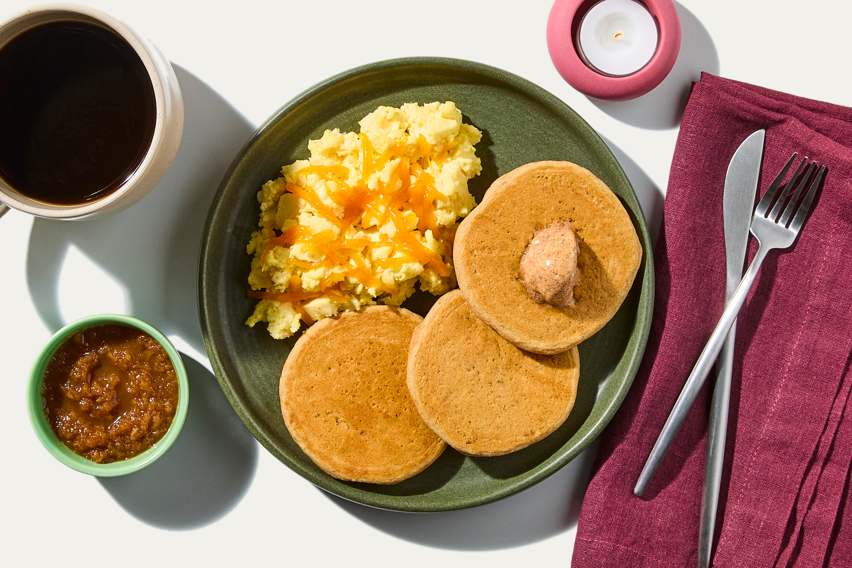 Apple Cinnamon Pancakes & Cheddar Scrambled Eggs