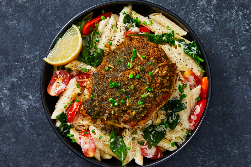 Pesto-Parmesan Turkey with Creamy Veggie Alfredo