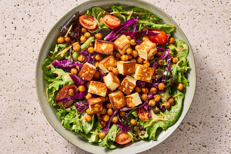 Chili-Cumin Chickpea Salad with Seared Halloumi