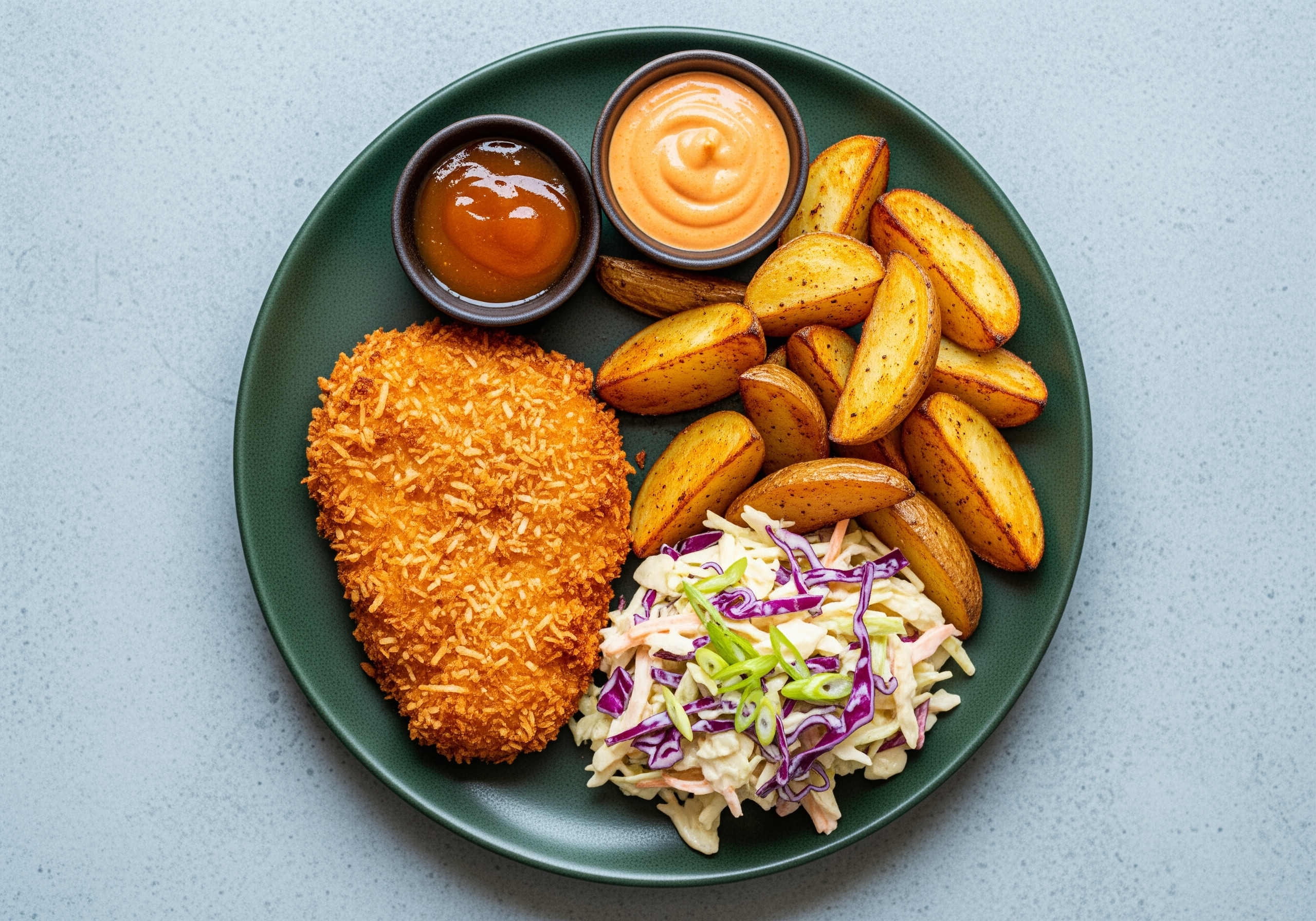 [PROTEIN DOUBLE CHICKEN CUTLETS] Coconut Crusted Chicken with Apricot Sauce, Scallion-Cabbage Slaw and Potato Wedges with Chipotle Dipper Sauce